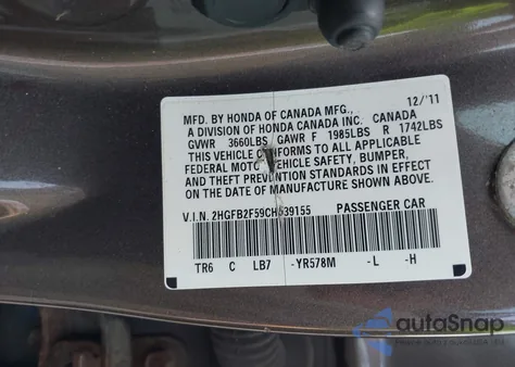 2012 Honda Civic Lx z USA, uszkodzony, nr VIN 2HGFB2F59CH539155